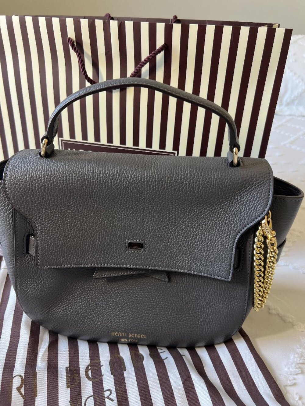 NWT Henri Bendel Uptown Satchel Gray Pebbled Leather Convertible Crossbody - Picture 4 of 16